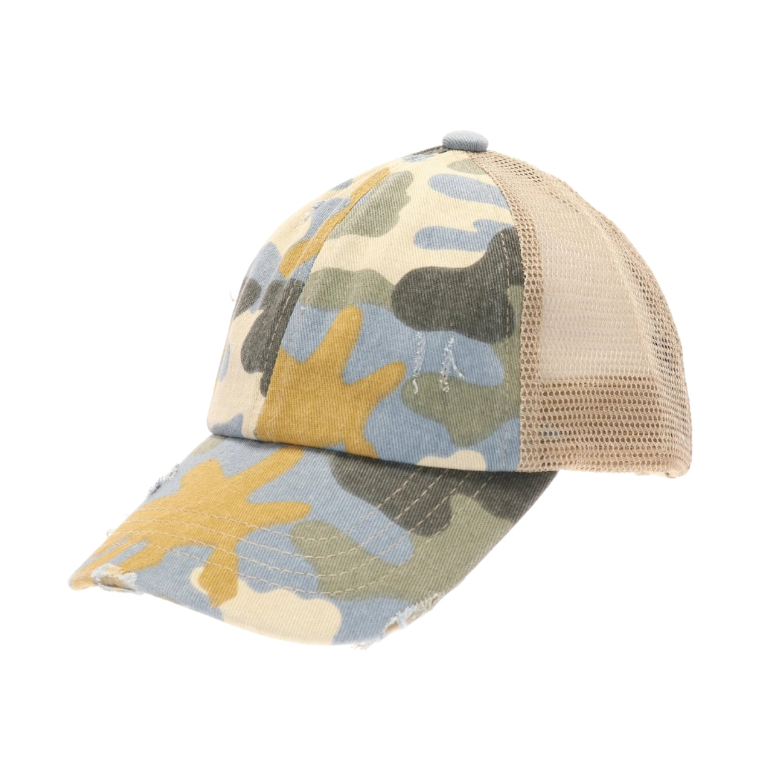 Distressed Camouflage Criss-Cross High Ponytail CC Ball Cap BT783