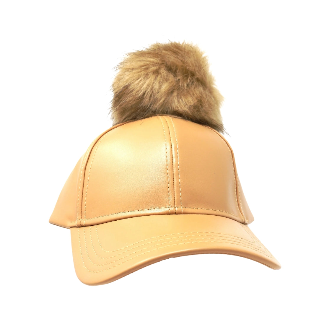 Faux Leather Fur Pom CC Ball Cap BA13