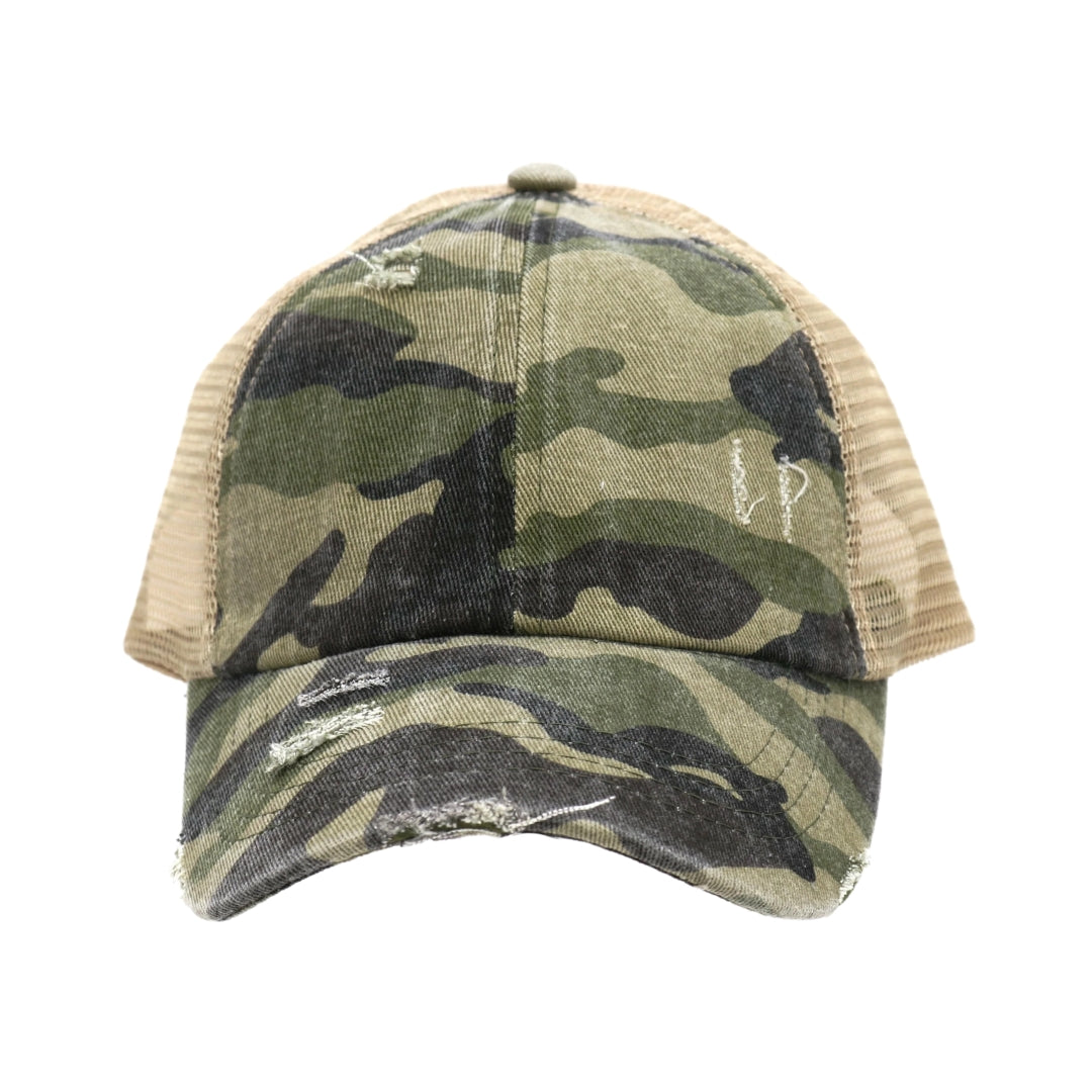 Distressed Camouflage Criss-Cross High Ponytail CC Ball Cap BT783