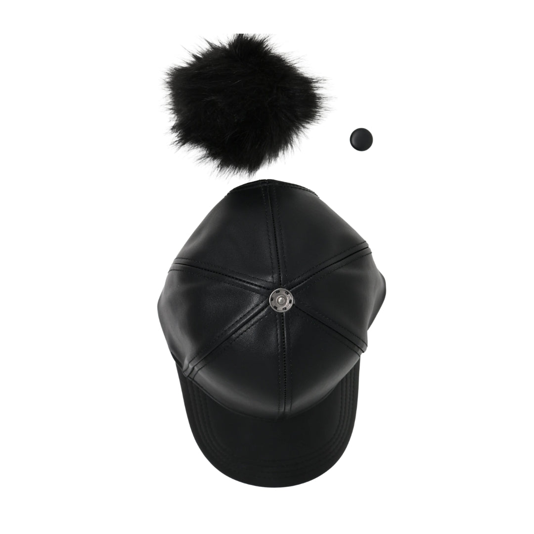 Faux Leather Fur Pom CC Ball Cap BA13