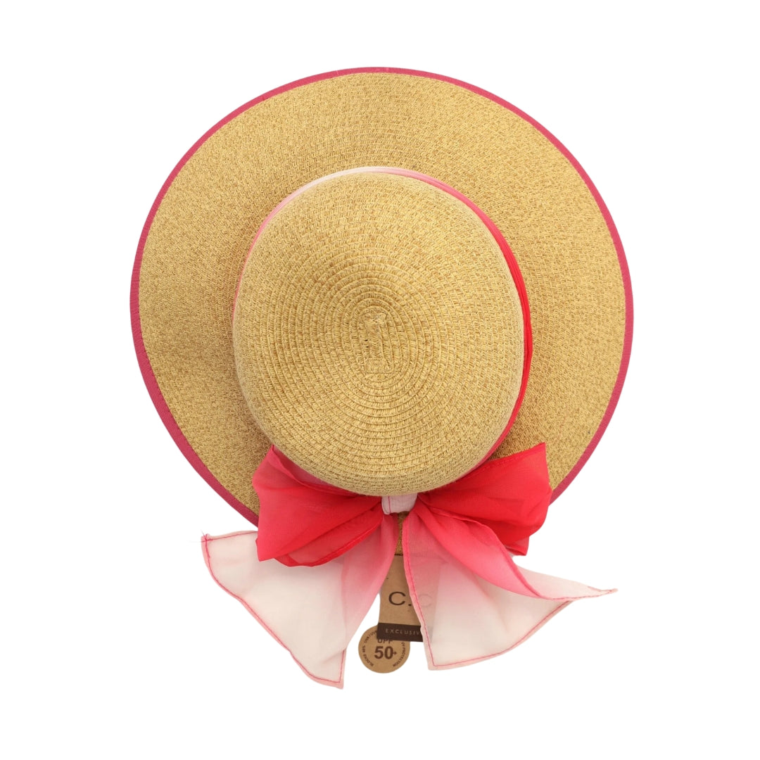 Natural Paper Brim Hat with Ombre Chiffon Sash ST812