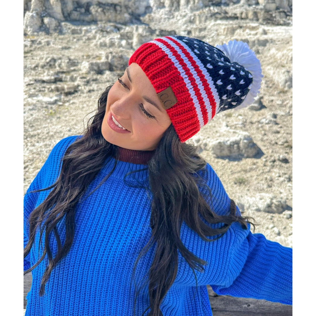 Knit American Flag Pom C.C Beanie HTE0040