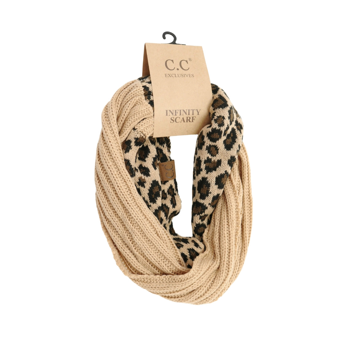 Ribbed Knit Leopard Accent CC Infinity Scarf SF80