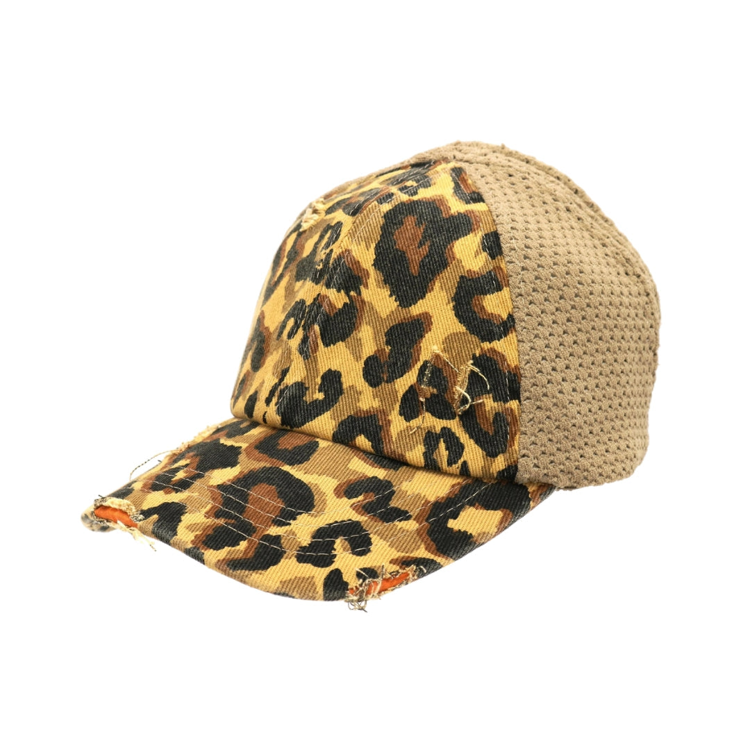 Leopard Distressed Stretch Mesh High Pony CC Ball Cap BT786