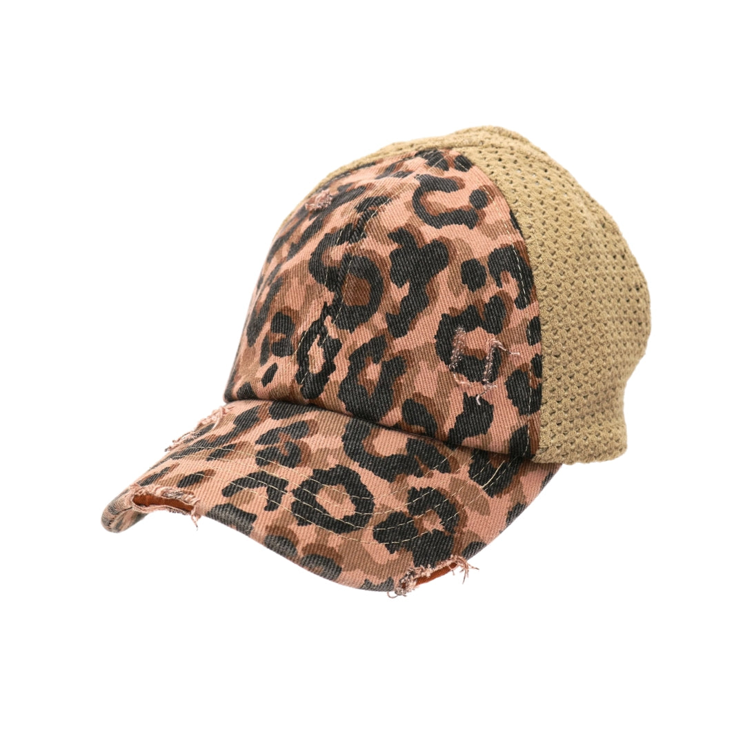 Leopard Distressed Stretch Mesh High Pony CC Ball Cap BT786