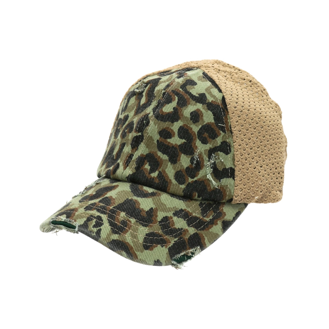 Leopard Distressed Stretch Mesh High Pony CC Ball Cap BT786