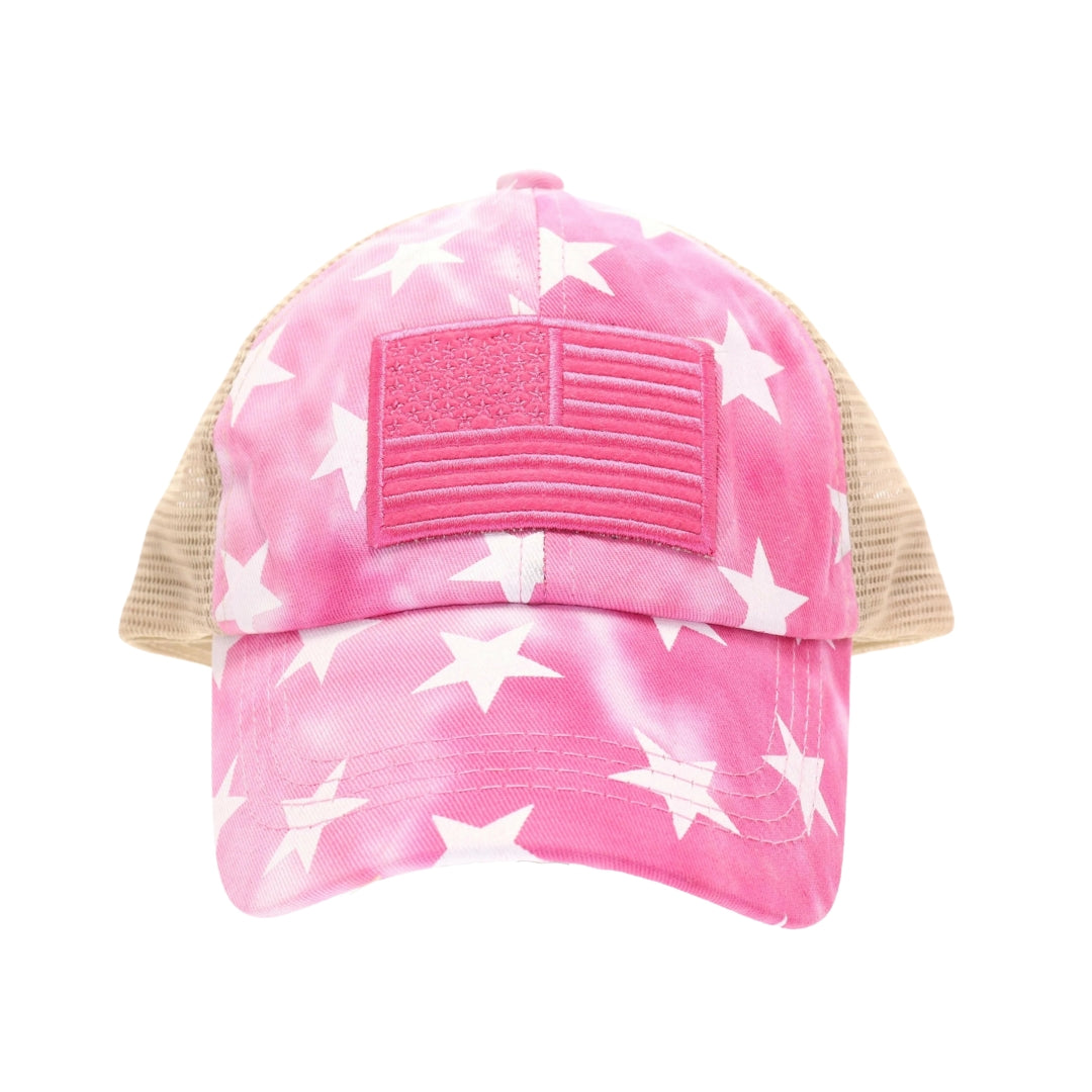 Kids Tie Dye Star Print with USA Flag Patch Criss Cross High Pony CC Ball Cap KIDSBT933