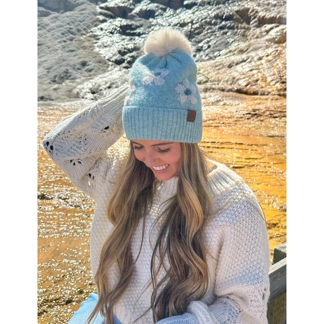 Daisy Contrast Faux Fur Pom C.C Beanie HTC0079