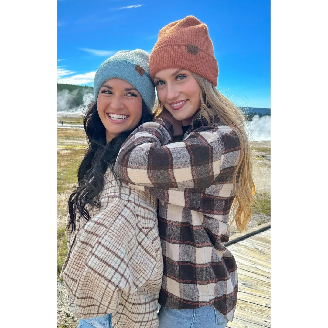 Soft Feather Yarn Striped Cuff C.C Beanie HTC0039