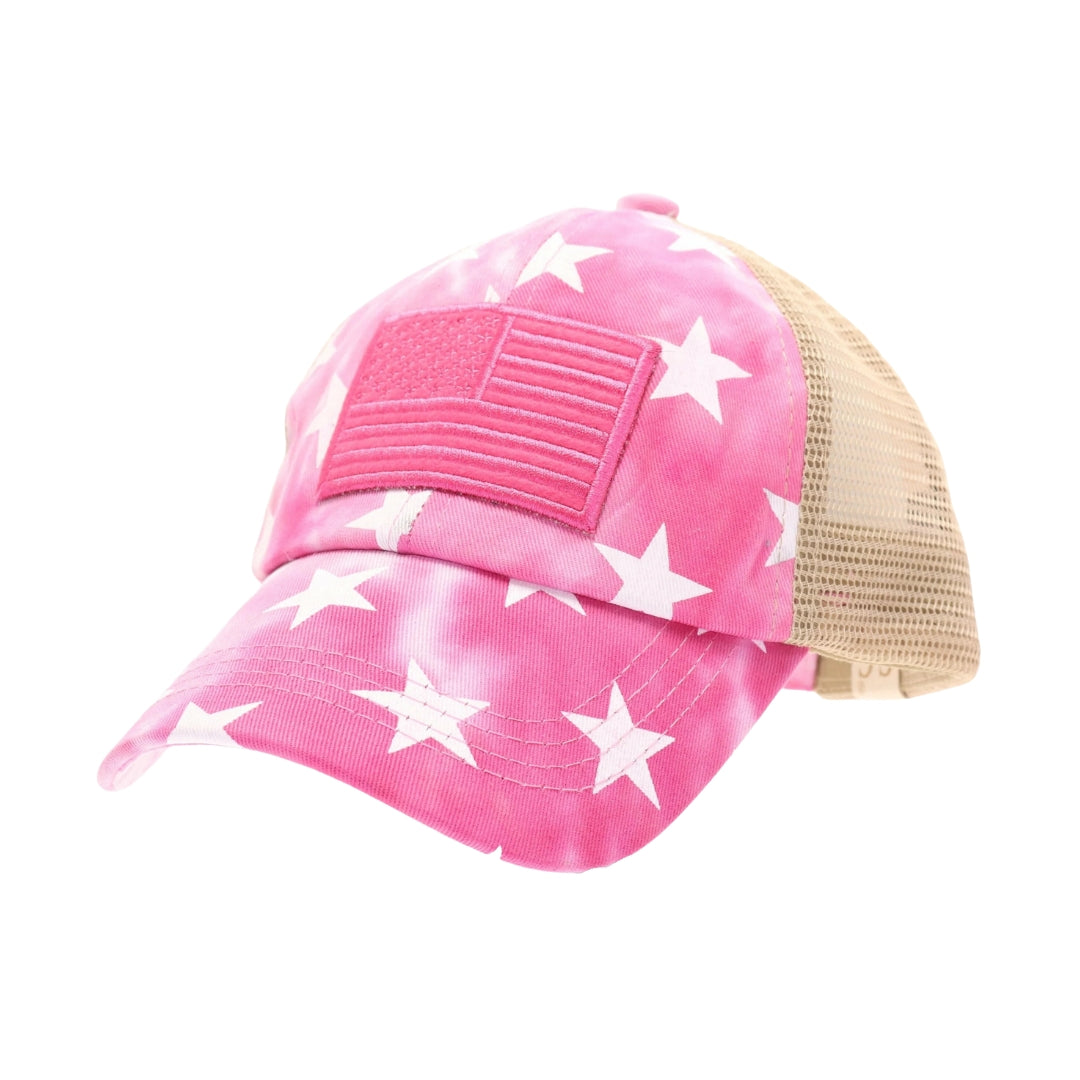 Kids Tie Dye Star Print with USA Flag Patch Criss Cross High Pony CC Ball Cap KIDSBT933