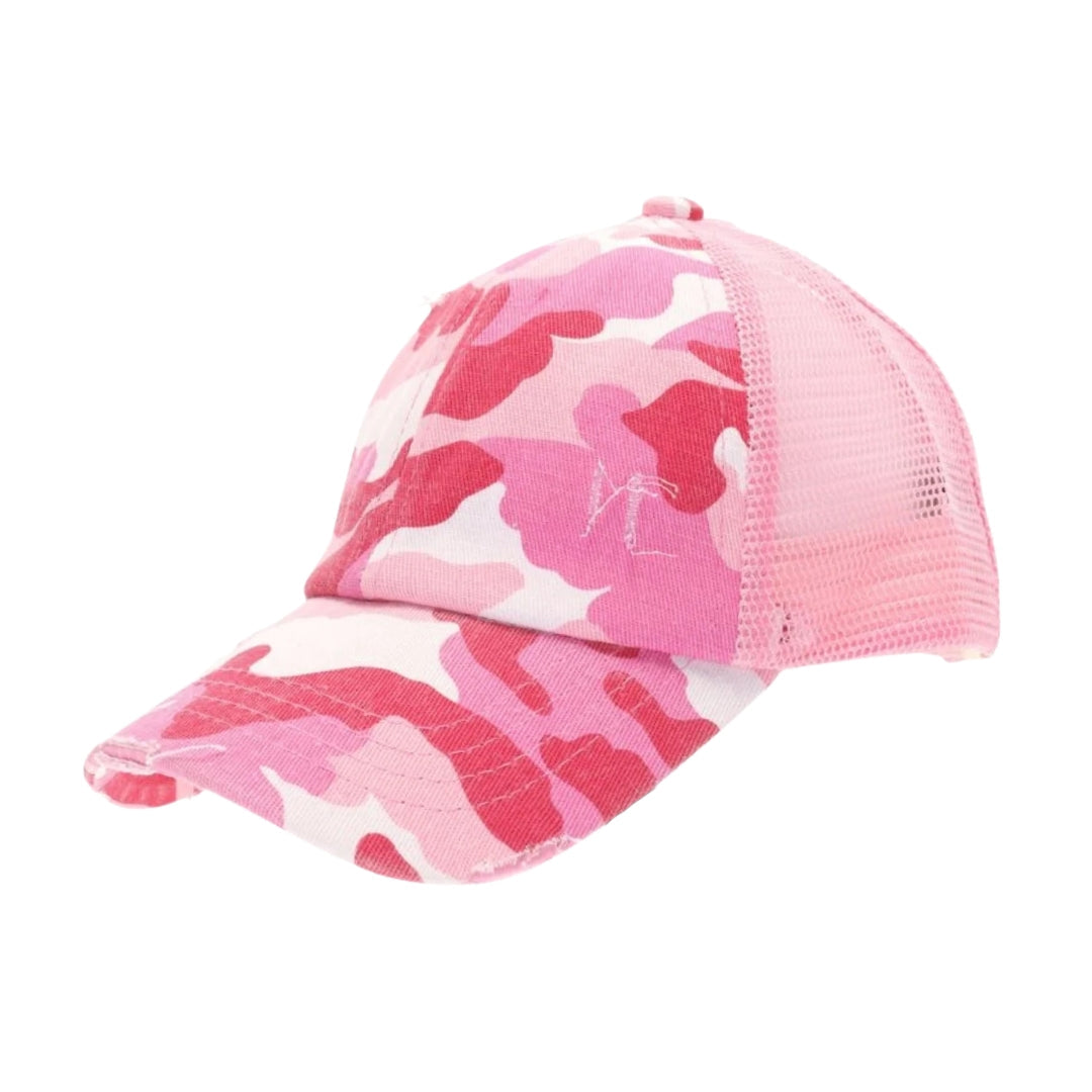 KIDS Distressed Camouflage Criss-Cross High Ponytail CC Ball Cap KIDSBT783