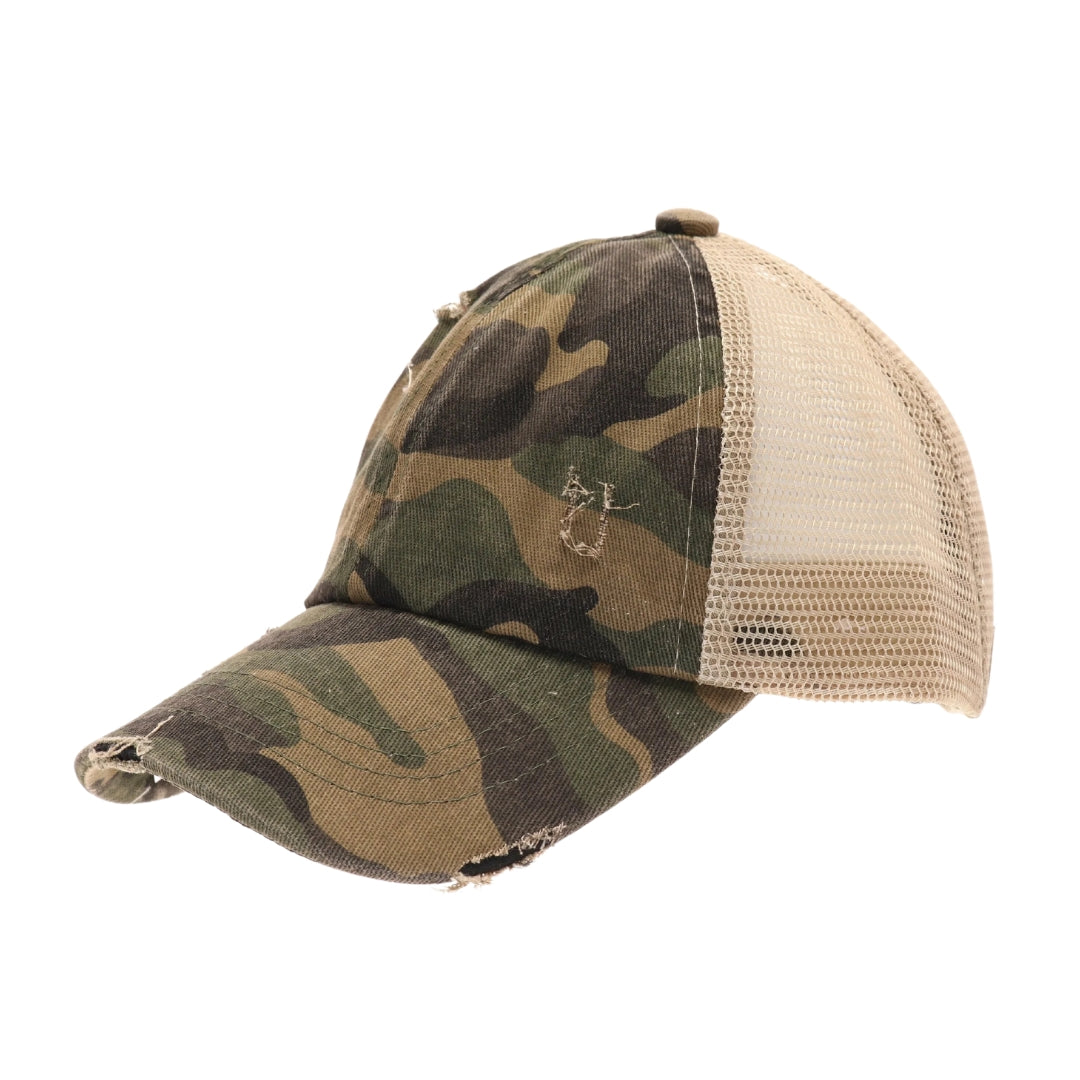 KIDS Distressed Camouflage Criss-Cross High Ponytail CC Ball Cap KIDSBT783