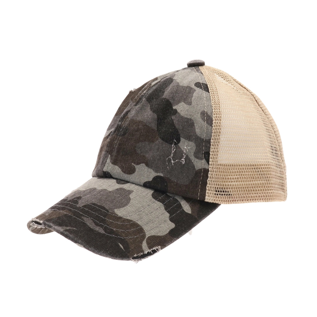 KIDS Distressed Camouflage Criss-Cross High Ponytail CC Ball Cap KIDSBT783