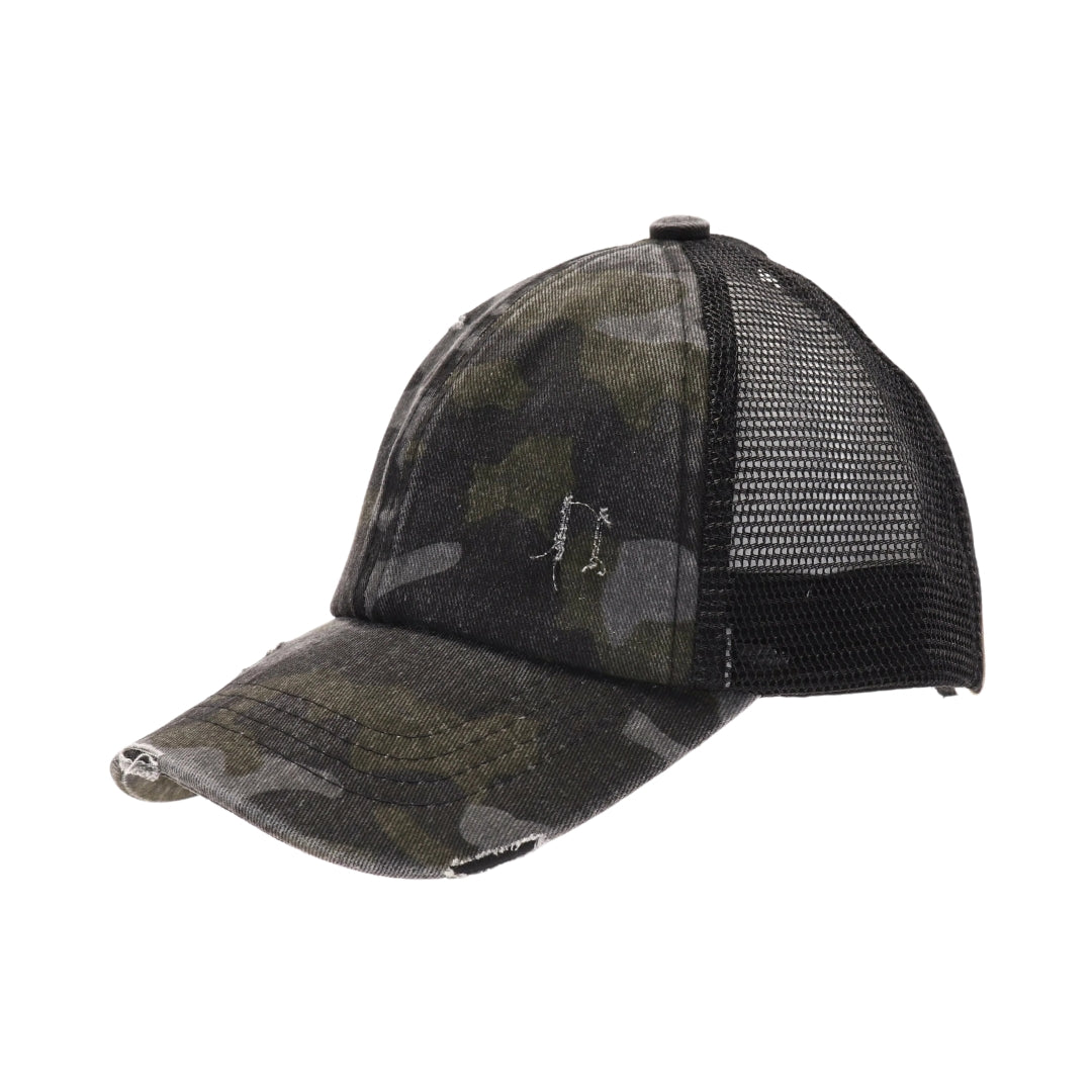 KIDS Distressed Camouflage Criss-Cross High Ponytail CC Ball Cap KIDSBT783