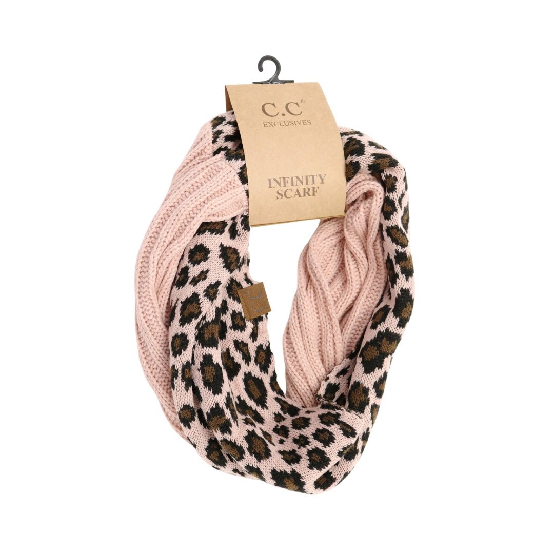 Ribbed Knit Leopard Accent CC Infinity Scarf SF80