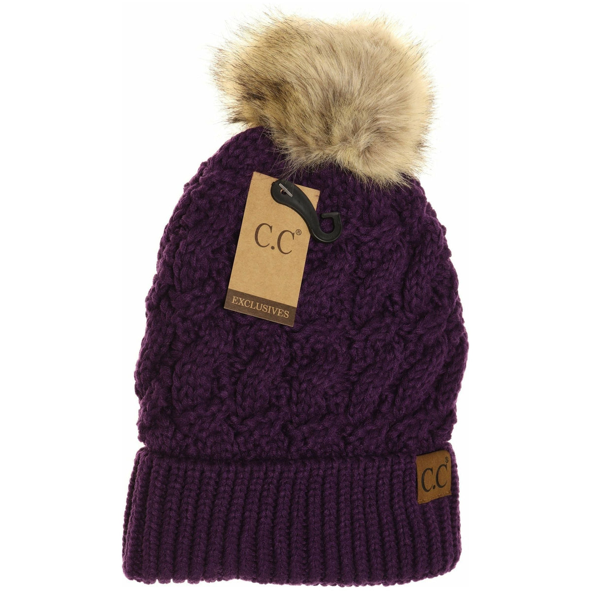 Ribbed Cable Knit Fur Pom Beanie YJ2021