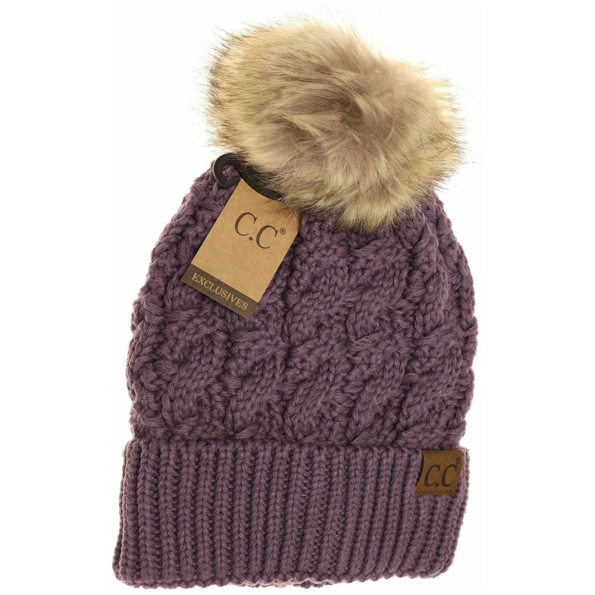 Ribbed Cable Knit Fur Pom Beanie YJ2021