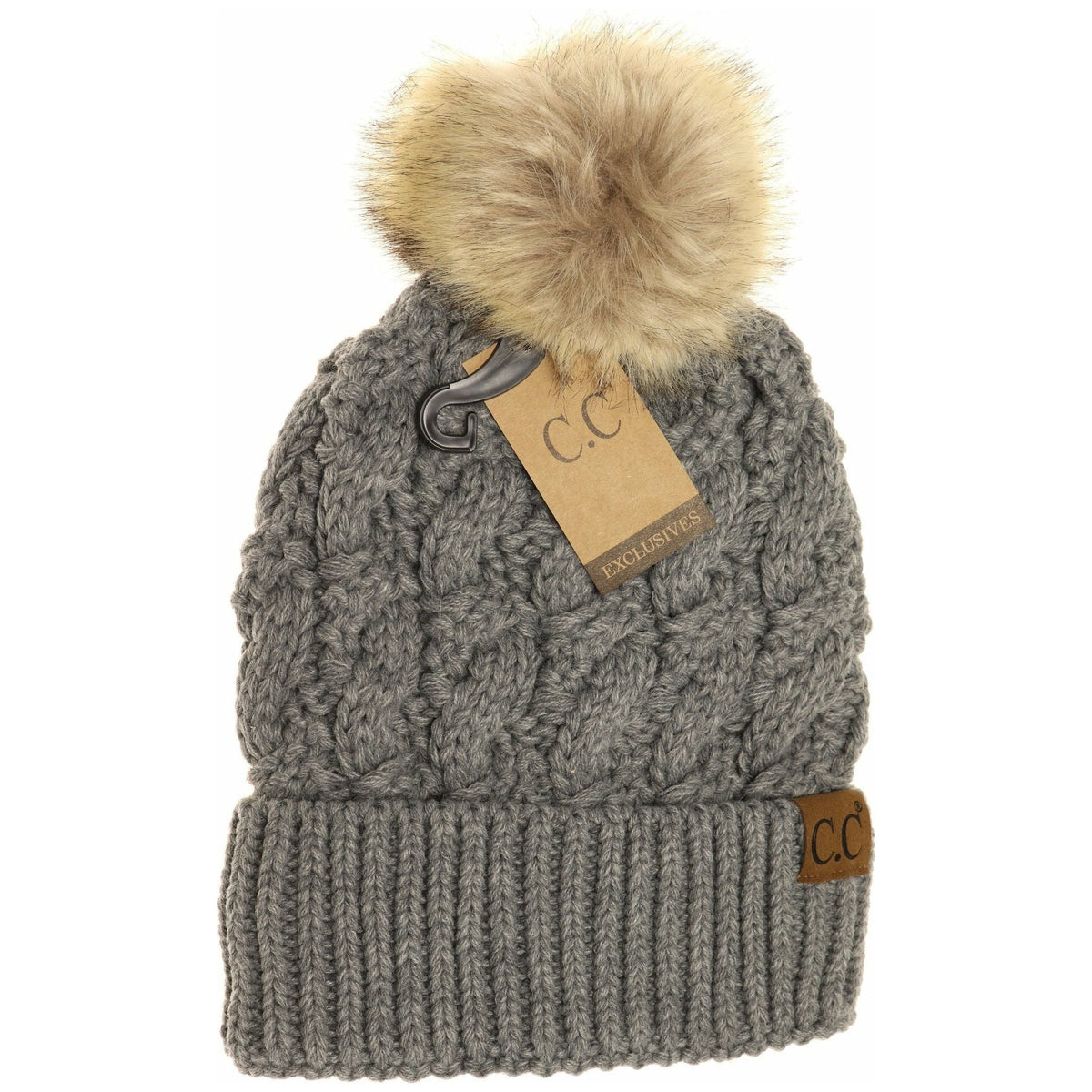 Ribbed Cable Knit Fur Pom Beanie YJ2021