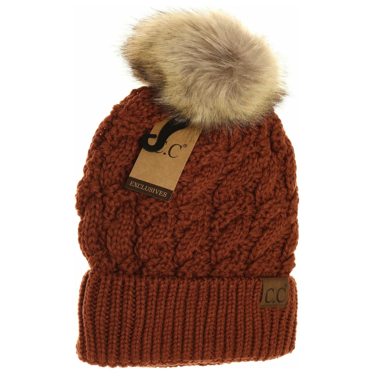 Ribbed Cable Knit Fur Pom Beanie YJ2021