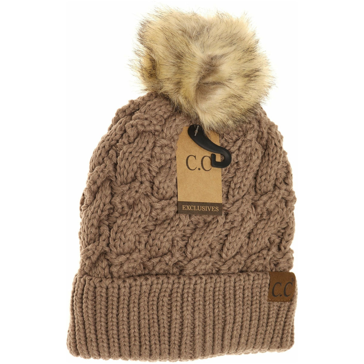 Ribbed Cable Knit Fur Pom Beanie YJ2021