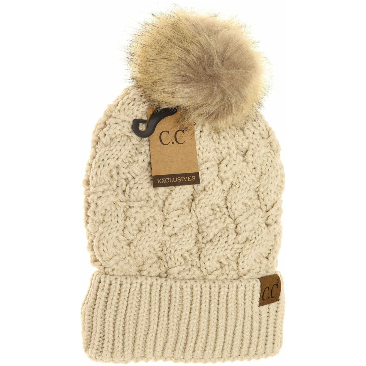 Ribbed Cable Knit Fur Pom Beanie YJ2021