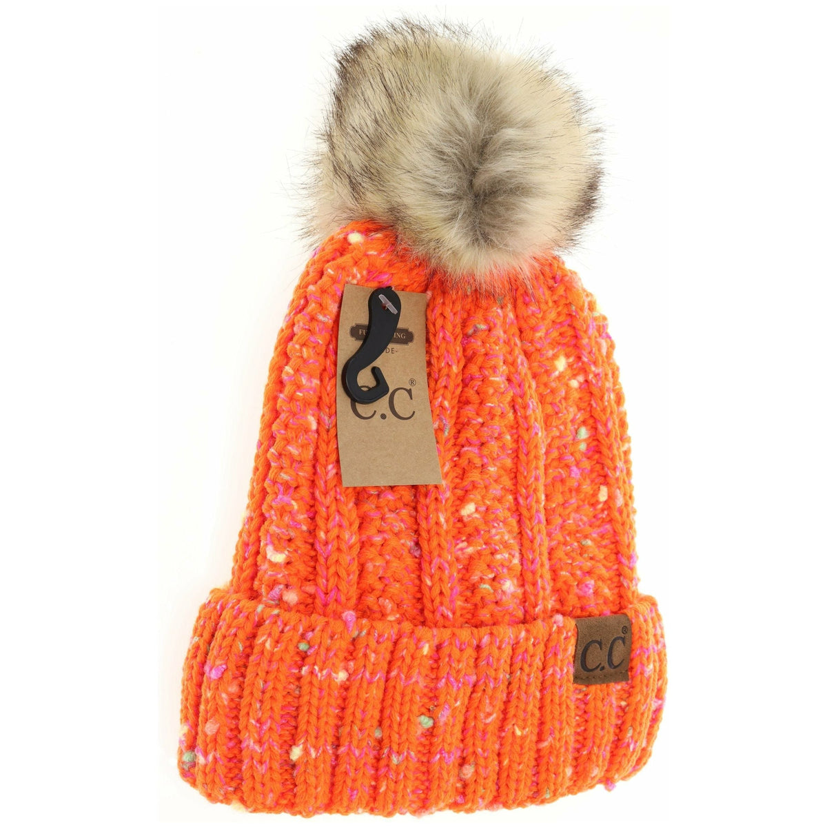 Fuzzy Lined Confetti Knit Fur Pom CC Beanie YJ823