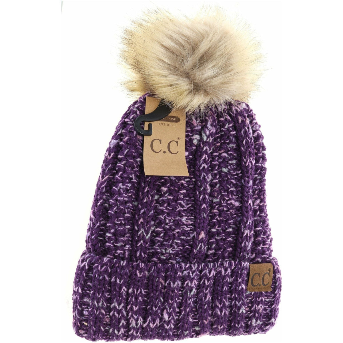 Fuzzy Lined Confetti Knit Fur Pom CC Beanie YJ823