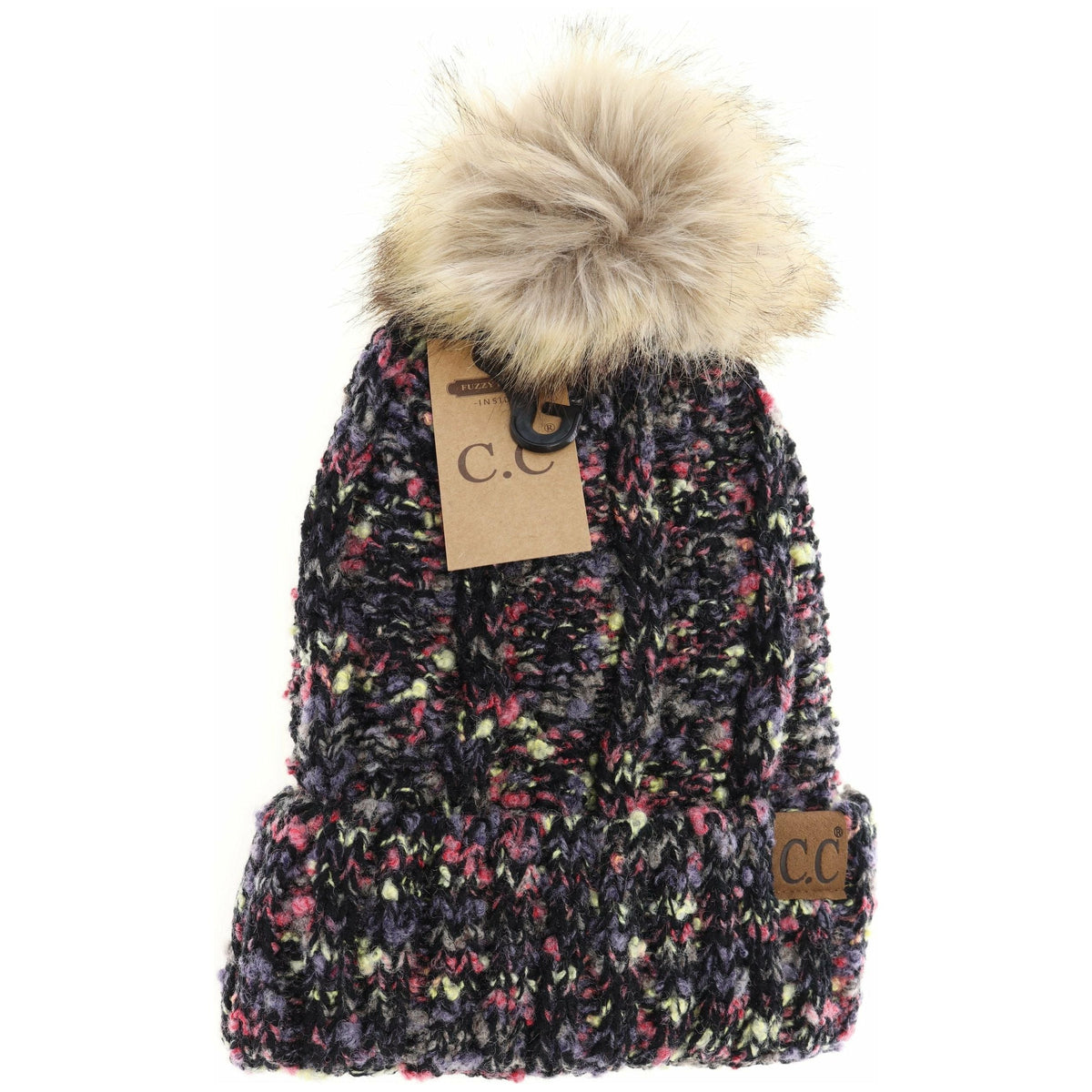 Fuzzy Lined Popcorn Confetti Fur Pom CC Beanie YJ824