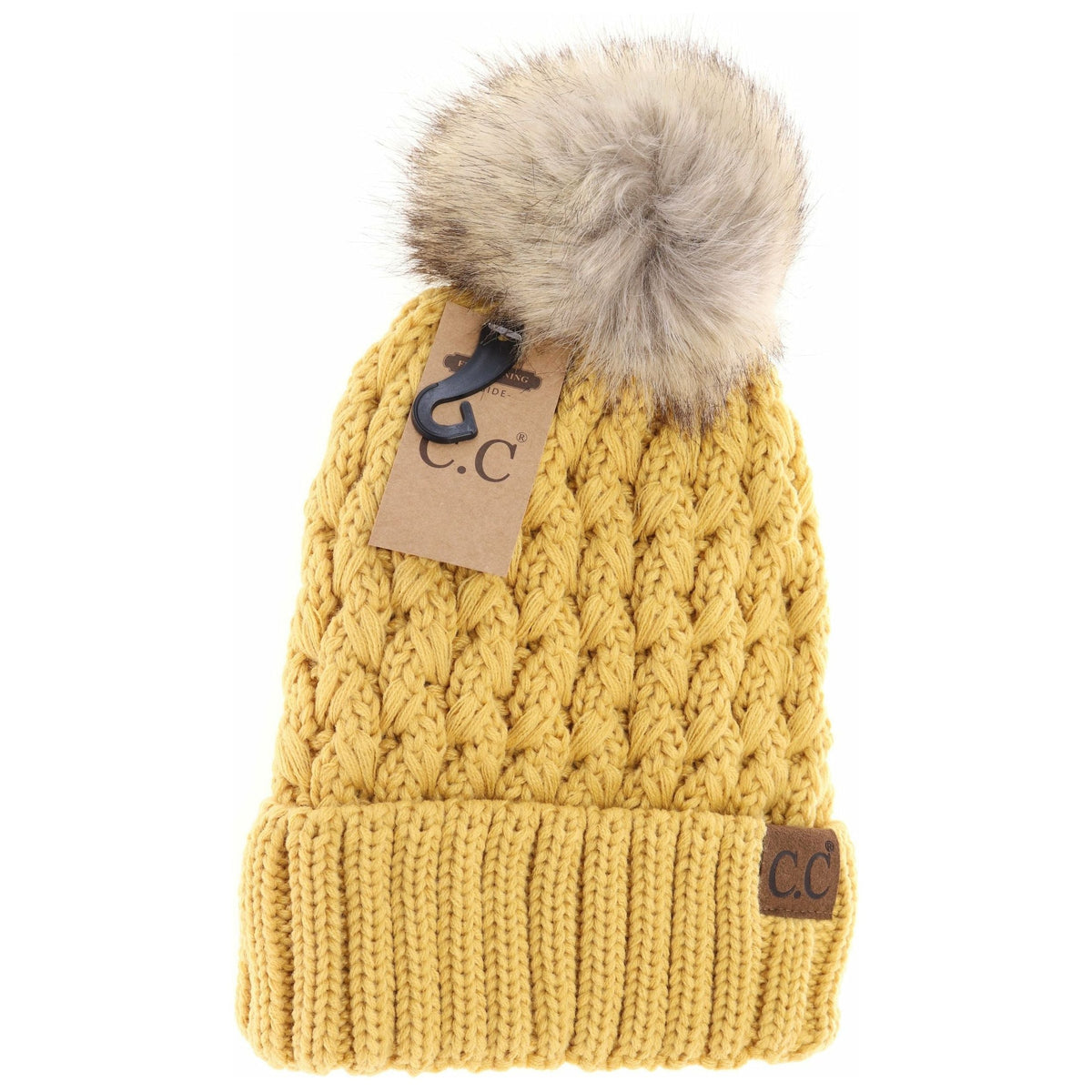Solid Lattice Stitch Fur Pom CC Beanie YJ826