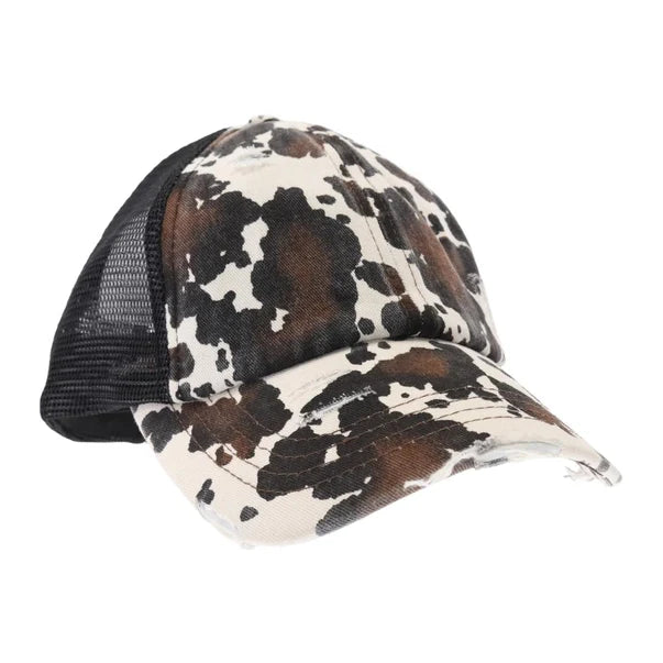 Cow Print Mesh Back Criss Cross High Pony C.C Ball Cap BT938