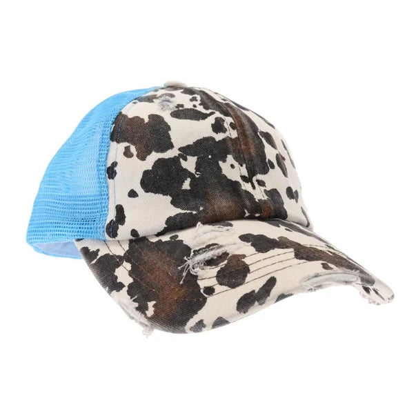 Cow Print Mesh Back Criss Cross High Pony C.C Ball Cap BT938