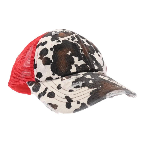 Cow Print Mesh Back Criss Cross High Pony C.C Ball Cap BT938