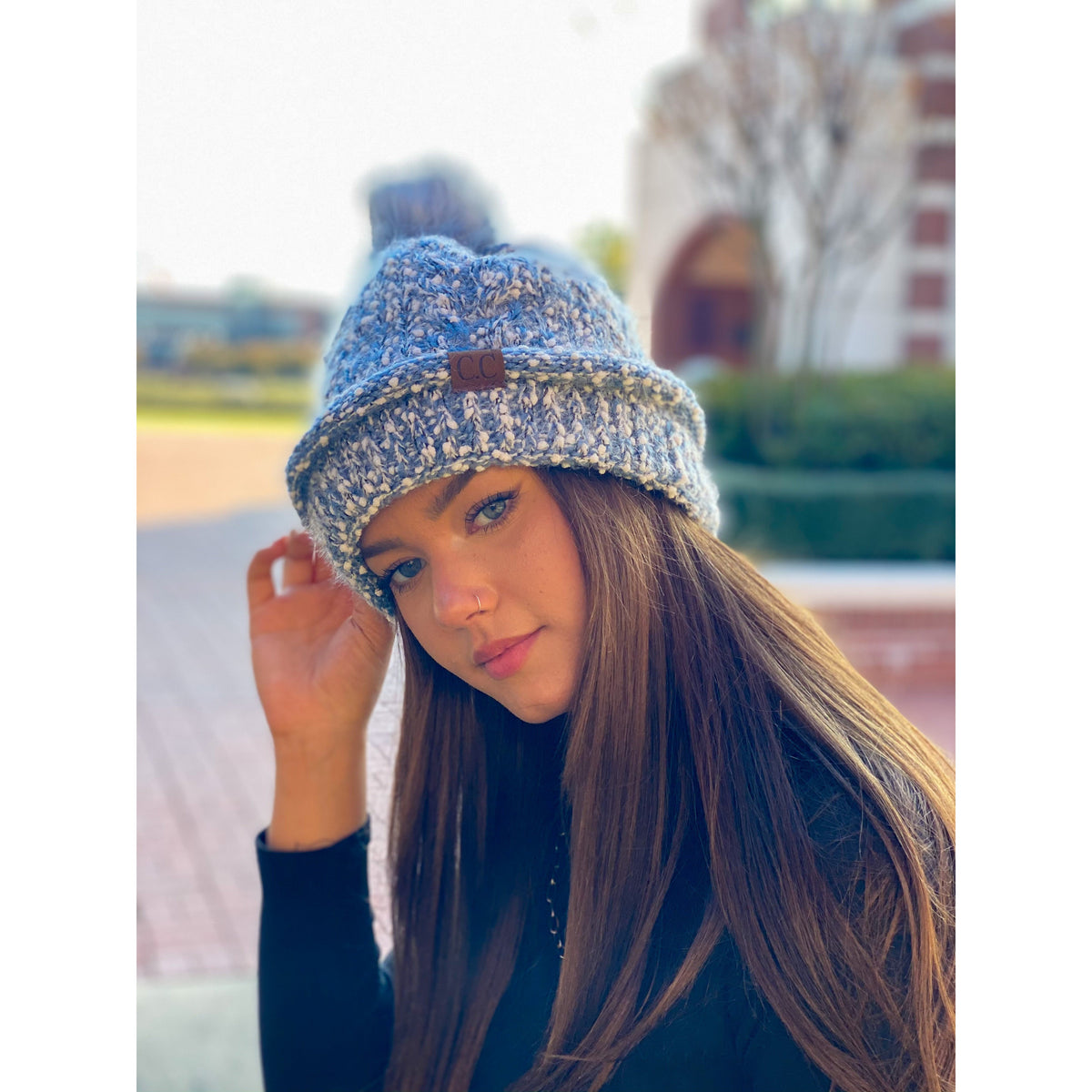 Fuzzy Lined Popcorn Knit Fur Pom CC Beanie HAT1825