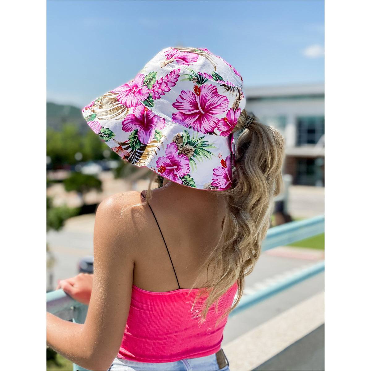 Floral Reversible Ponytail Bucket Hat ST2245